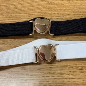 Woman’s Adjustable Elastic Belts with Gold Heart Buckles Black & White Gold Trim